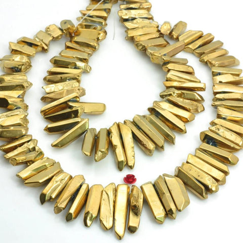 YesBeads 15 inches Polished Titanium Coated Mystic Drilled Crystal,Quartz Points,Smooth gemstone ,spike tower beads, Gold Color