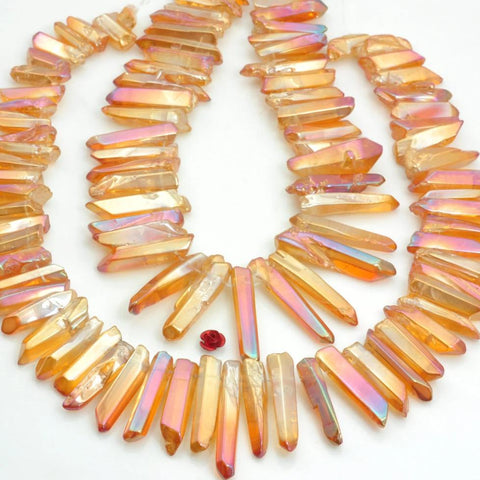 YesBeads 15 inches Polished Titanium Coated Mystic Drilled Crystal,Quartz Points,Dagger gemstone ,spike tower beads in 6-8mm wide X 18-35mm length