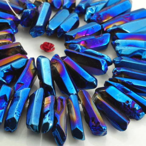 YesBeads 15 inches Smooth Titanium Coated Mystic Drilled Crystal,Quartz Points,Dagger gemstone ,spike tower beads ,Dark blue Color