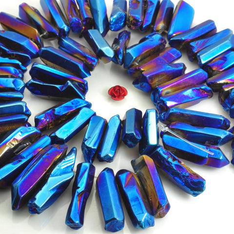 YesBeads 15 inches Smooth Titanium Coated Mystic Drilled Crystal,Quartz Points,Dagger gemstone ,spike tower beads ,Dark blue Color