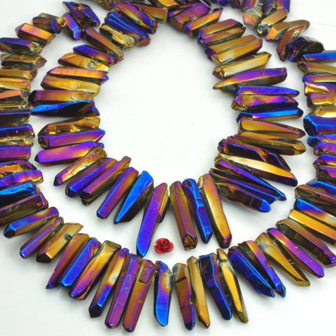 YesBeads 15 inches Polished Titanium Coated Mystic Drilled Crystal,Quartz Points,smooth gemstone,spike tower beads,Dark Blue with some purple Color