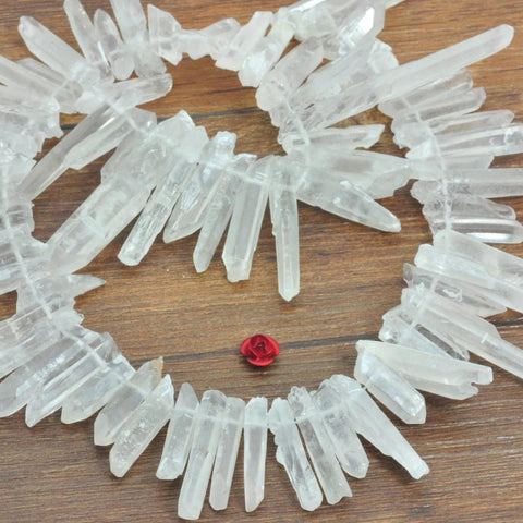 YesBeads 15 inches Natural Clear Matte White Rock Crystal,Spike Quartz Point, raw mineral drusy rock, rough beads in 4-7mm wide X 22-34mm length