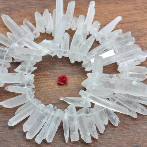 YesBeads 15 inches Natural Clear Matte White Rock Crystal,Spike Quartz Point, raw mineral drusy rock, rough beads in 4-7mm wide X 22-34mm length