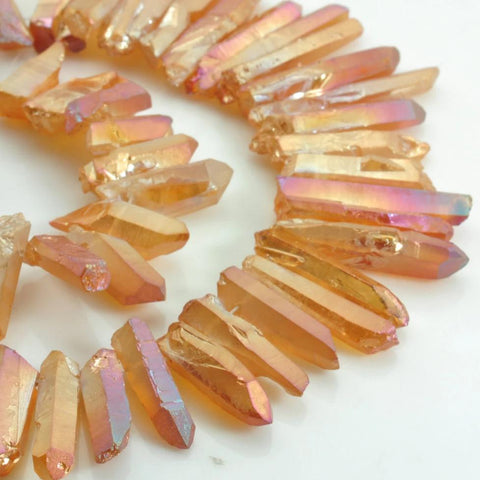 YesBeads 15 inches Matte Titanium Coated Mystic Drilled Crystal,Quartz Points,Rough Dagger ,spike tower beads ,Copper Peach Orange Color