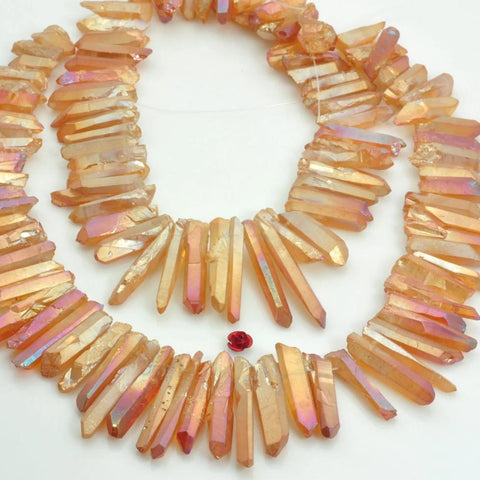 YesBeads 15 inches Matte Titanium Coated Mystic Drilled Crystal,Quartz Points,Rough Dagger ,spike tower beads ,Copper Peach Orange Color