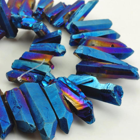 YesBeads 15 inches Matte Titanium Coated Mystic Drilled Crystal,Quartz Points,Rough Dagger ,spike tower beads ,Dark blue Color