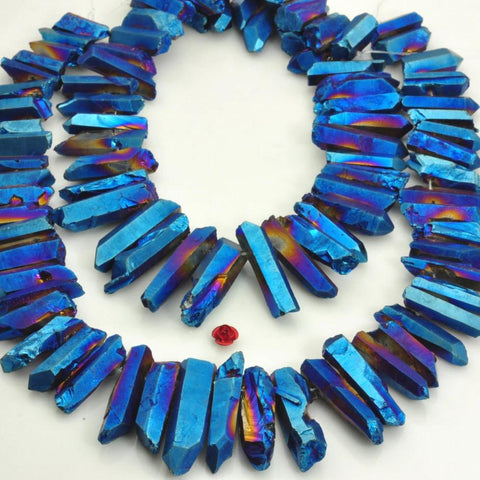YesBeads 15 inches Matte Titanium Coated Mystic Drilled Crystal,Quartz Points,Rough Dagger ,spike tower beads ,Dark blue Color