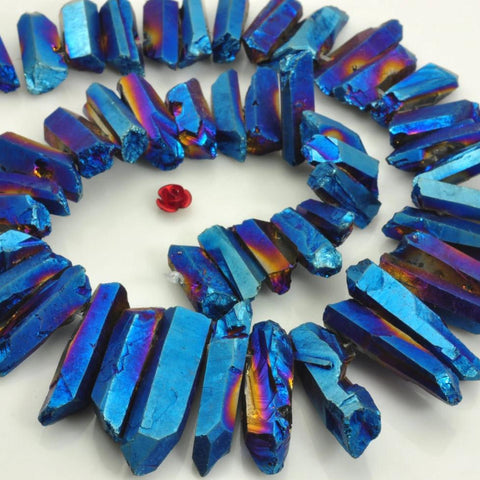 YesBeads 15 inches Matte Titanium Coated Mystic Drilled Crystal,Quartz Points,Rough Dagger ,spike tower beads ,Dark blue Color