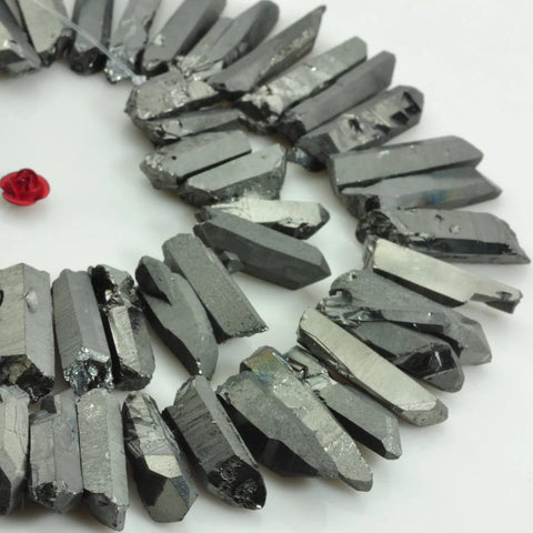 YesBeads 15 inches Matte Titanium Coated Mystic Drilled Crystal,Quartz Points,Rough Dagger ,spike tower beads, Gun black Color