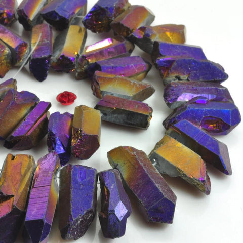 YesBeads 15 inches Matte Titanium Coated Mystic Drilled Crystal,Quartz Points,Rough Dagger ,spike tower beads , Purple Color