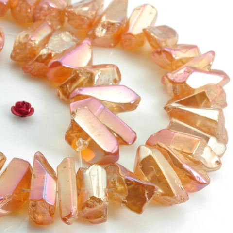 YesBeads 15 inches Polished Titanium Coated Mystic Drilled Crystal,Quartz Points,smooth gemstone ,Nugget beads ,Copper Peach Orange Color