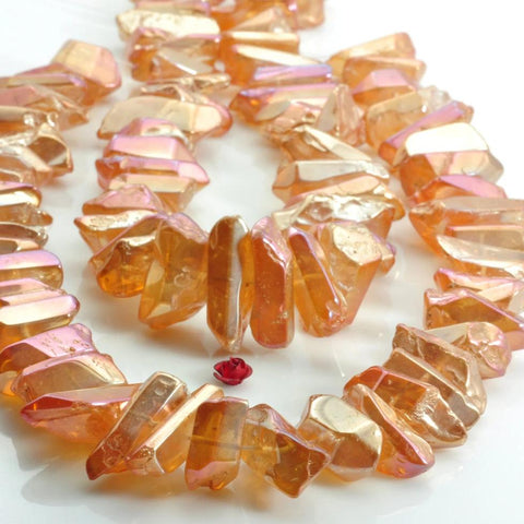 YesBeads 15 inches Polished Titanium Coated Mystic Drilled Crystal,Quartz Points,smooth gemstone ,Nugget beads ,Copper Peach Orange Color