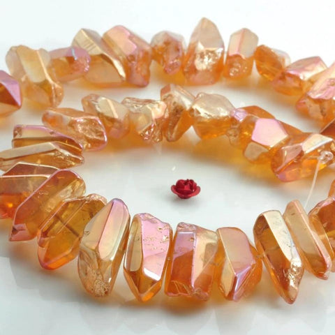YesBeads 15 inches Polished Titanium Coated Mystic Drilled Crystal,Quartz Points,smooth gemstone ,Nugget beads ,Copper Peach Orange Color