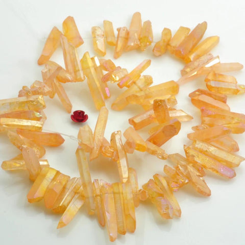 YesBeads 15 inches Dyed Matte Titanium Coated Mystic Drilled Crystal,spike Quartz Points,Dagger rough beads ,Orange Color