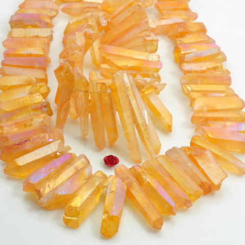 YesBeads 15 inches Dyed Matte Titanium Coated Mystic Drilled Crystal,Quartz Points,Rough spike tower beads,Orange Color
