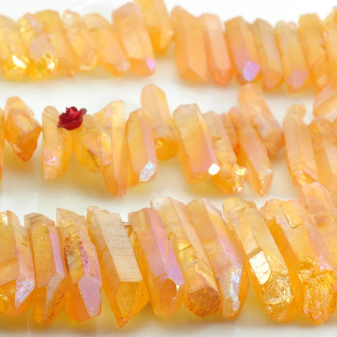 YesBeads 15 inches Dyed Matte Titanium Coated Mystic Drilled Crystal,Quartz Points,Rough spike tower beads,Orange Color
