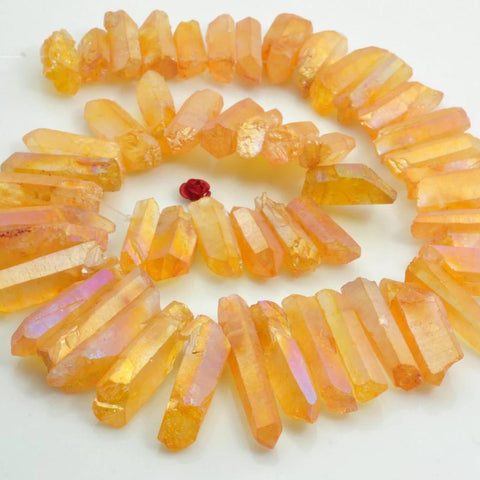 YesBeads 15 inches Dyed Matte Titanium Coated Mystic Drilled Crystal,Quartz Points,Rough spike tower beads,Orange Color