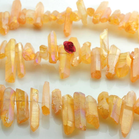 YesBeads 15 inches Dyed Matte Titanium Coated Mystic Drilled Crystal,spike Quartz Points,Dagger rough beads ,Orange Color