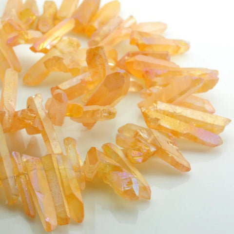 YesBeads 15 inches Dyed Matte Titanium Coated Mystic Drilled Crystal,spike Quartz Points,Dagger rough beads ,Orange Color