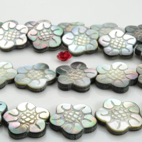 20 pcs of Black Shell carved flower beads in 20mm