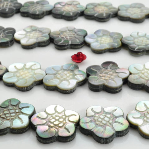20 pcs of Black Shell carved flower beads in 20mm
