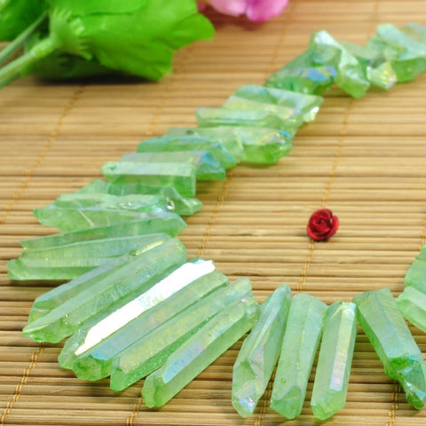 YesBeads 15.6 inches Matte Titanium Coated Mystic Drilled Crystal,Quartz Points,Rough Dagger gemstone ,spike tower beads, Green Color