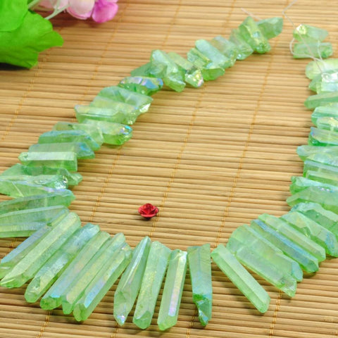 YesBeads 15.6 inches Matte Titanium Coated Mystic Drilled Crystal,Quartz Points,Rough Dagger gemstone ,spike tower beads, Green Color