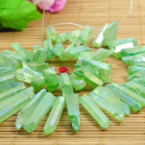 YesBeads 15.6 inches Matte Titanium Coated Mystic Drilled Crystal,Quartz Points,Rough Dagger gemstone ,spike tower beads, Green Color