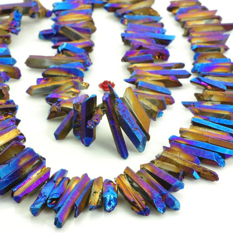 YesBeads 15 inches Matte Titanium Coated Mystic Drilled Crystal,spike Quartz Points,Dagger gemstone ,rough beads,yellow with some purple Color