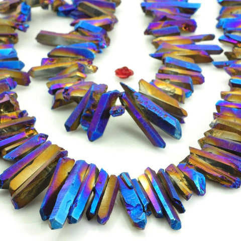 YesBeads 15 inches Matte Titanium Coated Mystic Drilled Crystal,spike Quartz Points,Dagger gemstone ,rough beads,yellow with some purple Color