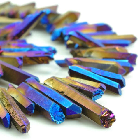 YesBeads 15 inches Matte Titanium Coated Mystic Drilled Crystal,spike Quartz Points,Dagger gemstone ,rough beads,yellow with some purple Color