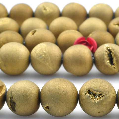 YesBeads Gold Druzy Agate titanium coated agate matte round loose beads wholesale gemstone jewelry making 15"