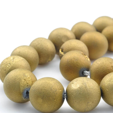 YesBeads Gold Druzy Agate titanium coated agate matte round loose beads wholesale gemstone jewelry making 15"