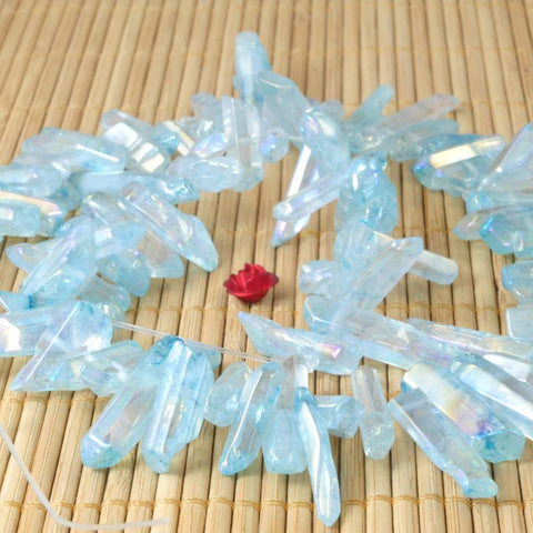 YesBeads 15 inches Polished Titanium Coated Mystic Drilled Crystal,Quartz Points,Dagger gemstone ,pendant beads, blue Color
