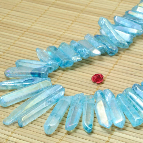 YesBeads 15 inches Polished Titanium Coated Mystic Drilled Crystal,Quartz Points,smooth Dagger gemstone ,spike tower beads, blue Color