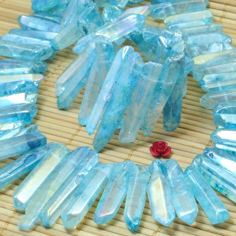 YesBeads 15 inches Polished Titanium Coated Mystic Drilled Crystal,Quartz Points,smooth Dagger gemstone ,spike tower beads, blue Color