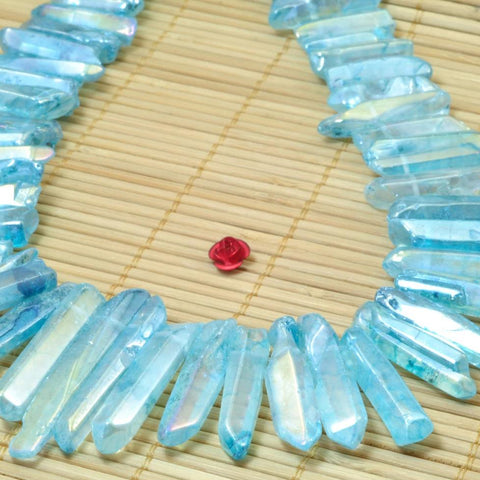 YesBeads 15 inches Polished Titanium Coated Mystic Drilled Crystal,Quartz Points,smooth Dagger gemstone ,spike tower beads, blue Color