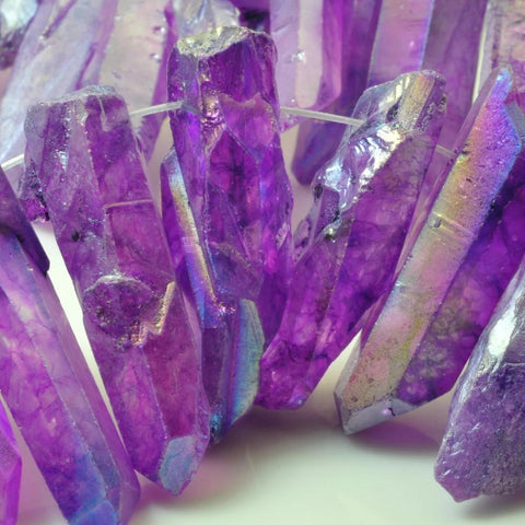 YesBeads 15 inches Matte Titanium Coated Mystic Drilled Crystal Rough Dagger spike tower beads,purple Color
