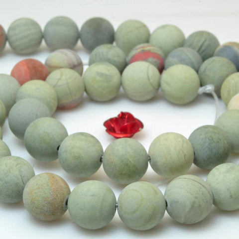YesBeads Natural silver leaf jasper matte round beads wholesale green gemstone jewelry making 15"