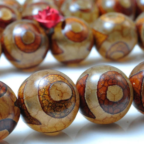 32 pcs of Brown Retro Tibetan Agate three-eyes smooth round beads in 12mm