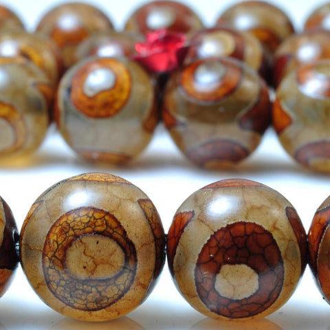 32 pcs of Brown Retro Tibetan Agate three-eyes smooth round beads in 12mm