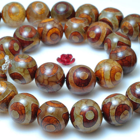 32 pcs of Brown Retro Tibetan Agate three-eyes smooth round beads in 12mm
