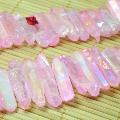 YesBeads 15 inches Matte Titanium Coated Mystic Drilled Crystal Rough Dagger spike tower beads,Pink Color