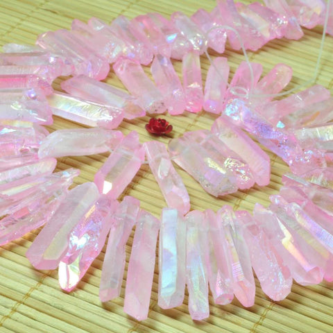 YesBeads 15 inches Matte Titanium Coated Mystic Drilled Crystal Rough Dagger spike tower beads,Pink Color