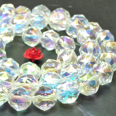 Clear Rock Crystal Titanium Coated AB Color diamond cut faceted round loose beads wholesale gemstone for jewelry making DIY bracelet necklace 15"