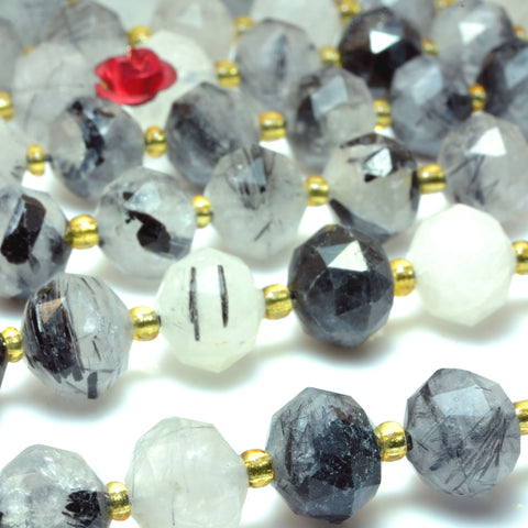 Natural Black Rutilated Quartz Stone Faceted HANG Rondelle loose beads wholesale gemstones for jewelry making DIY braceket necklace