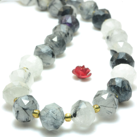 Natural Black Rutilated Quartz Stone Faceted HANG Rondelle loose beads wholesale gemstones for jewelry making DIY braceket necklace