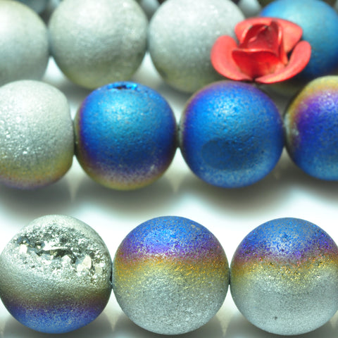 YesBeads Druzy Agate titanium coated blue silver agate matte round beads wholesale gemstone 15"