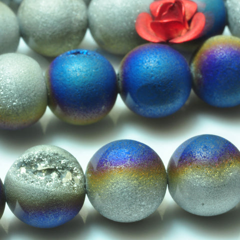 YesBeads Druzy Agate titanium coated blue silver agate matte round beads wholesale gemstone 15"
