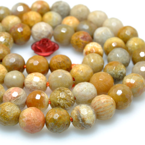 Natural Yellow Fossil Coral Jasper faceted round loose beads wholesale gemstone jewelry making bracelet DIY